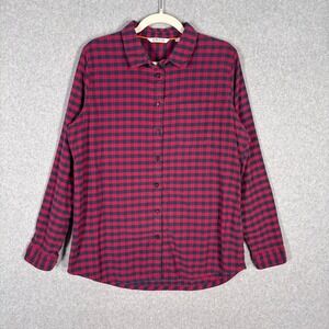 Orvis Flannel Shirt Womens Large Navy Red Plaid Cotton Stretch GORP Cabin Hiking